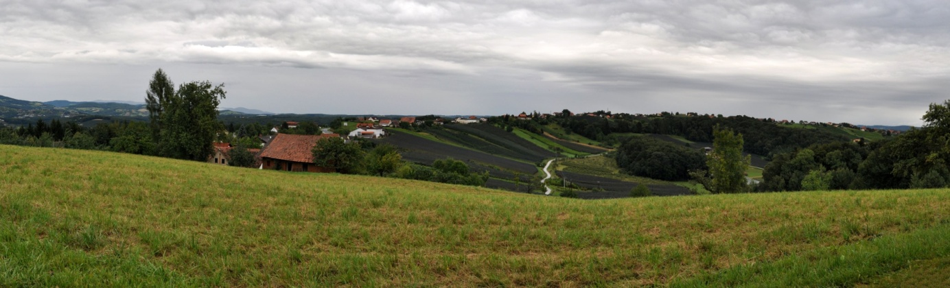 Blick von Neuberg – Wolfgruben (nördlich Nitscha) auf ca. 450 m Höhe Richtung NO bis SO in das Oststeirische Riedelland (Aufnahmedatum: 24.07.2011, Gerhard Lieb)