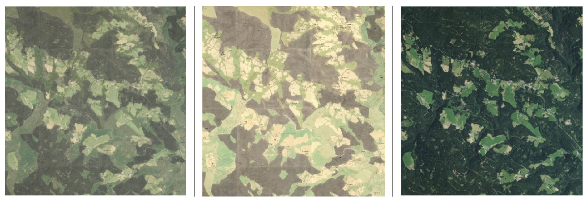 Abb. 11: Ausschnitte aus dem weststeirischen Almenlandgebiet (links: 50% Überlagerung Kataster-Orthofoto, Mitte: Franziszeischer Kataster, rechts: Orthofoto (Quelle: GIS Steiermark, 2018)