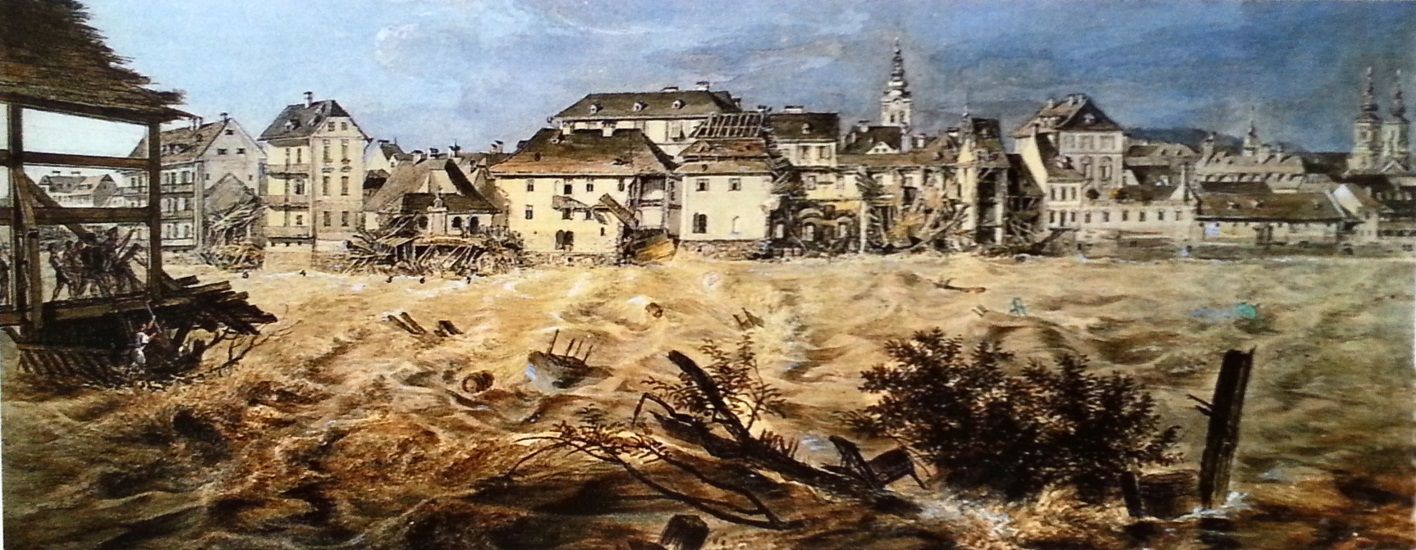 Abb. 3: Hochwasser vom 8. Juni 1827, links der Rest der zerstörten Hauptbrücke. Aquarell von Josef Kuwasseg (KK) (Quelle: https://austria-forum.org/)