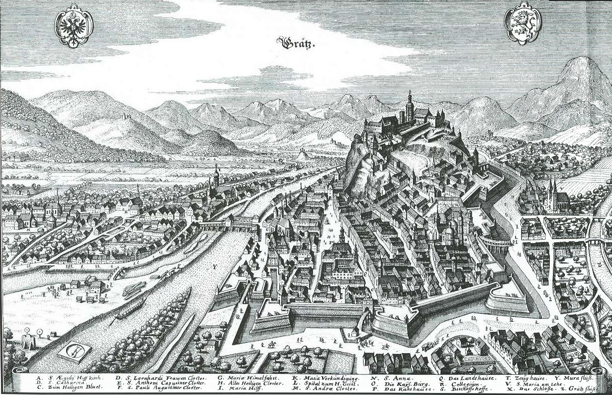 Abb. 2: Kupferstich von Graz (Matthäus Merian) aus dem Jahr 1649 (Quelle: Österreichisches Staatsarchiv, Städteatlas Graz, www.mapire.eu, Juli 2017)