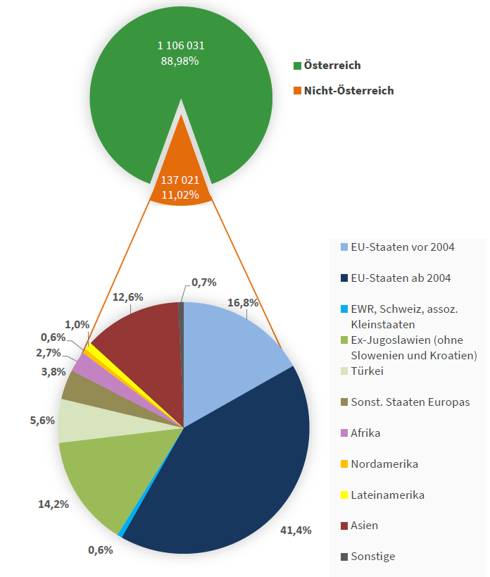 Abb. 1.: Staatsbürgerschaft der in der Steiermark lebenden ausländischen Bevölkerung am 1.1.2019 (Quelle: Statistik Austria und Landesstatistik Steiermark, eigene Bearbeitung)