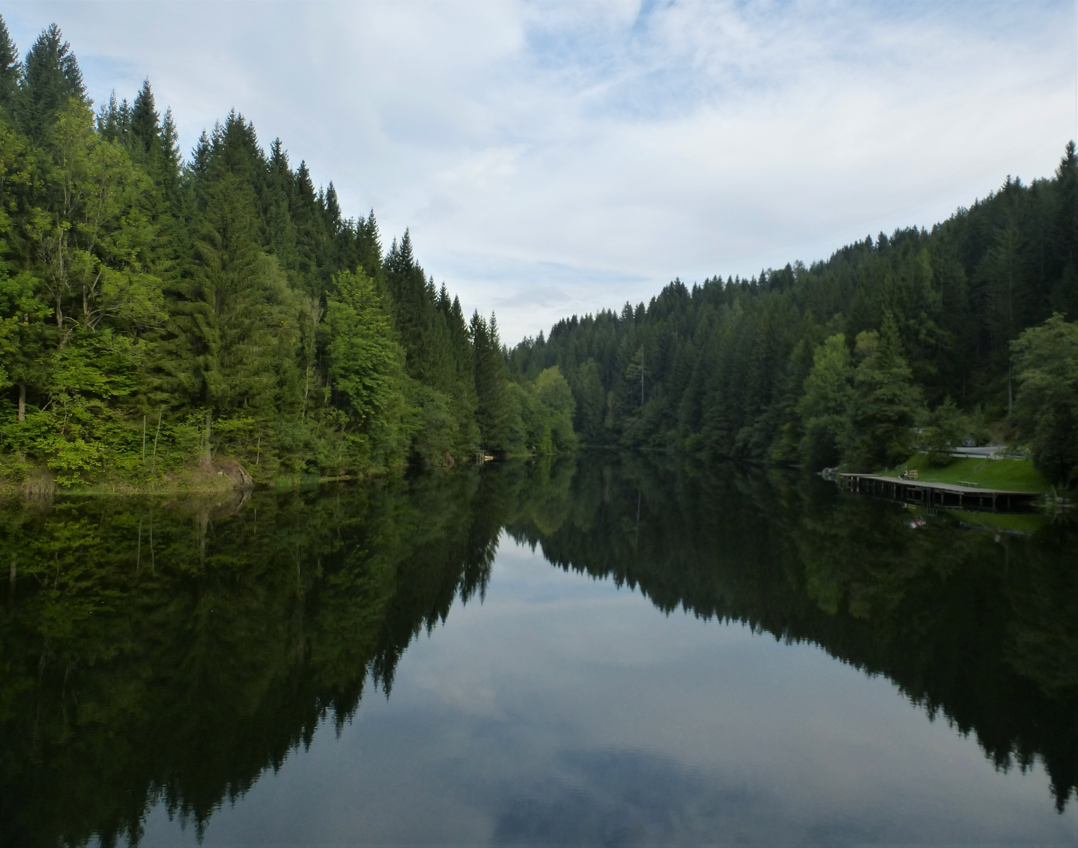 Der im Bezirk Voitsberg gelegene Hirzmann-Stausee liegt knapp über 700 m Seehöhe und ist von dichtem Mischwald umgeben. (Foto: M. Lieb, 2017)