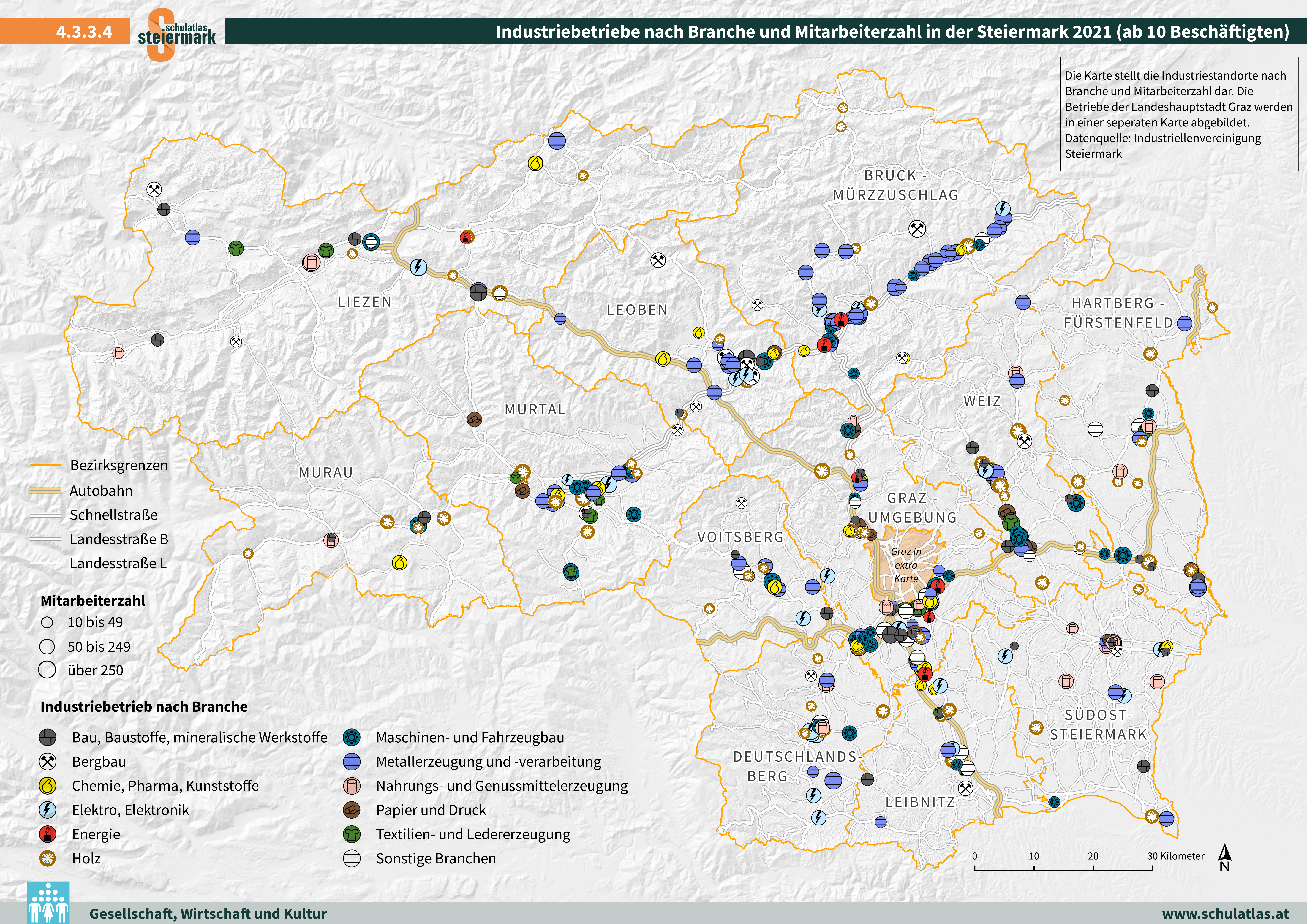 Industriebetriebe nach Branche und Mitarbeiterzahl in der Steiermark 2021