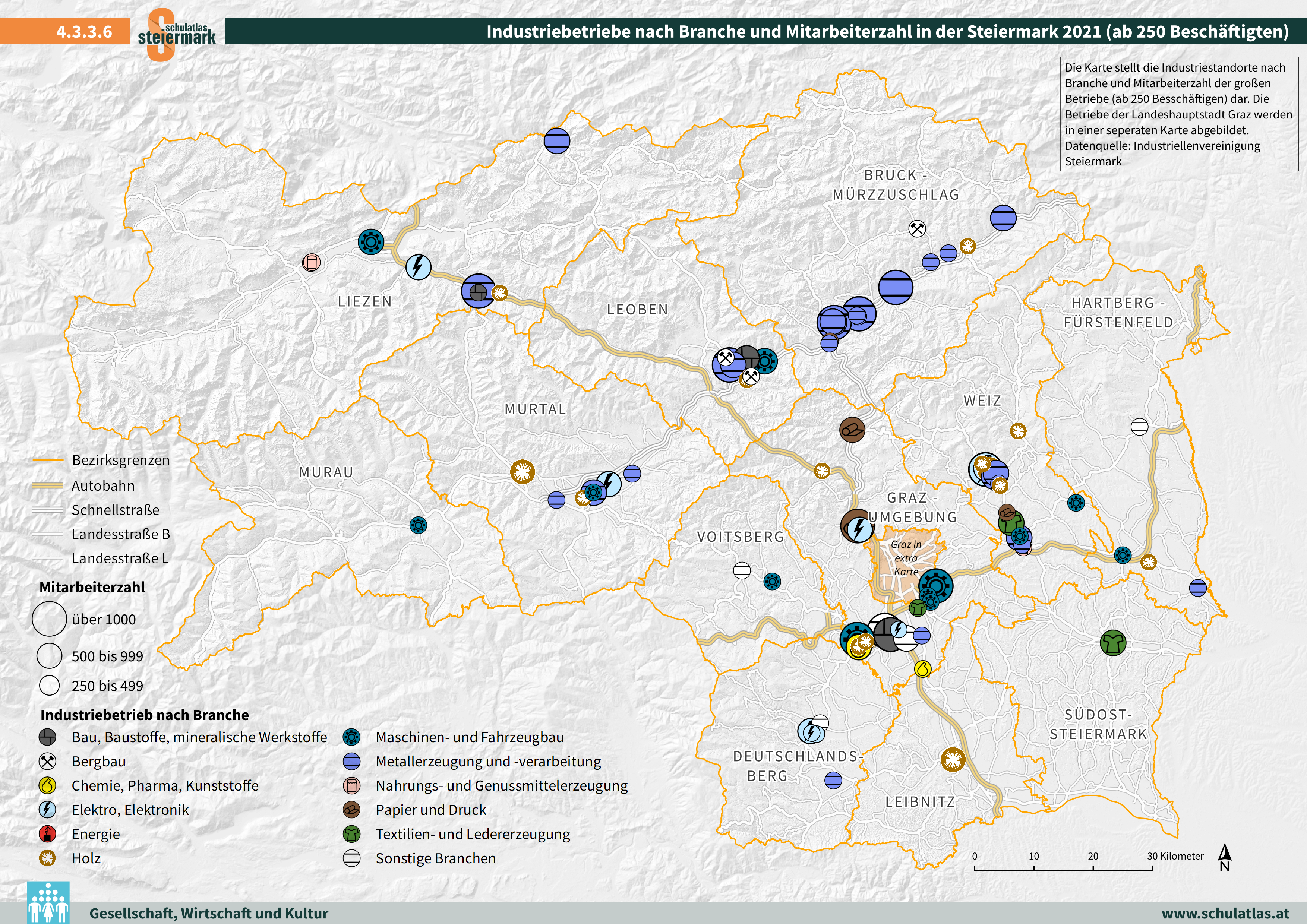 Industriebetriebe nach Branche und Mitarbeiterzahl in der Steiermark 2021 (ab 250 Beschäftigten)
