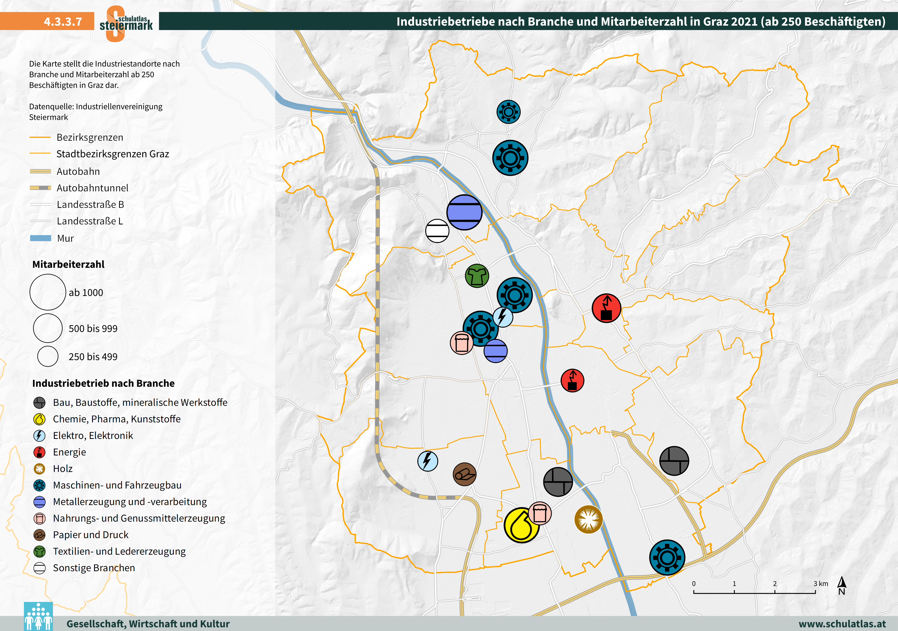 Industriebetriebe nach Branche und Mitarbeiterzahl in Graz 2021 (ab 250 Beschäftigten)