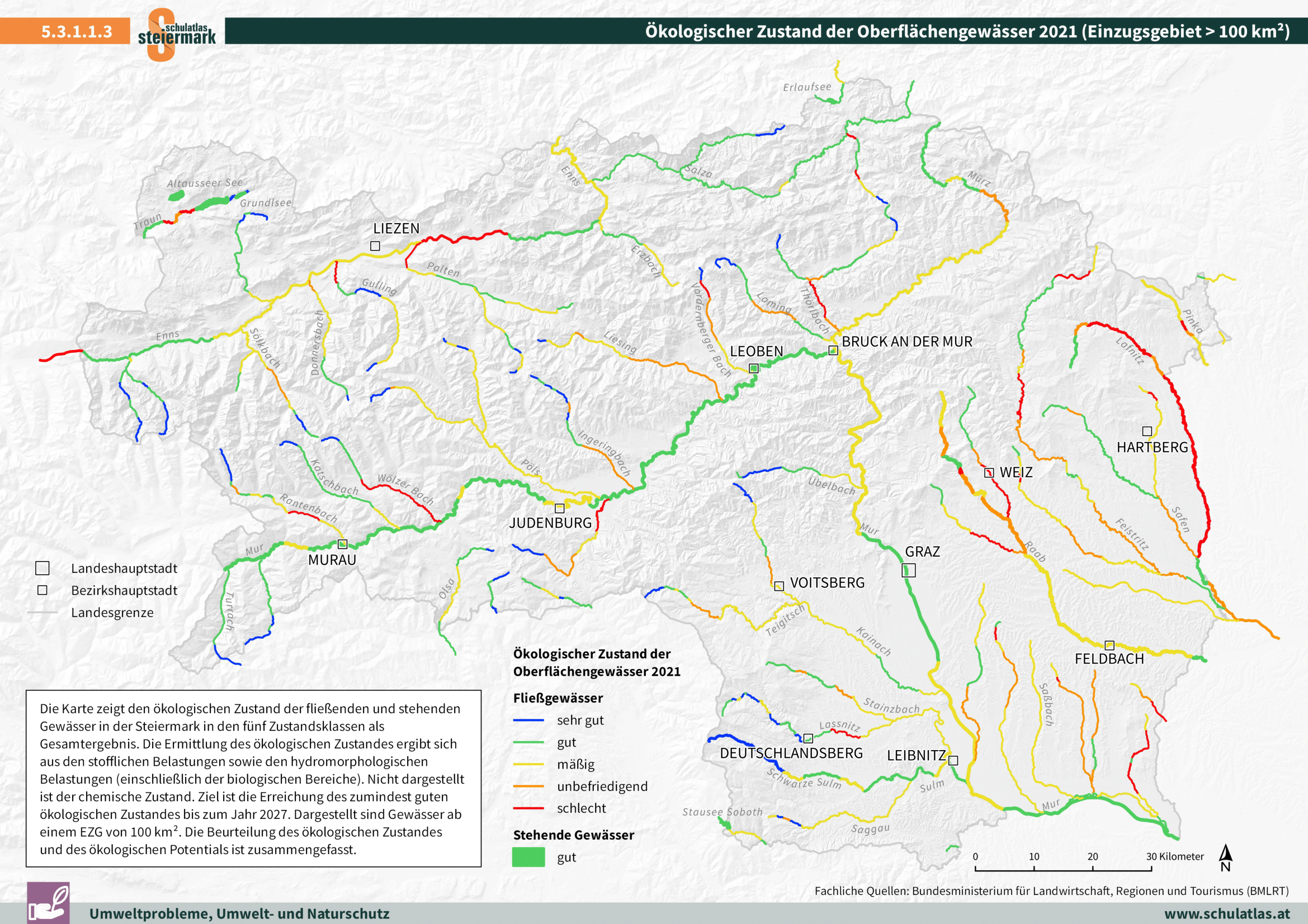 Ökologischer Zustand der Oberflächengewässer in der Steiermark 2021 (EZG > 100 km²)