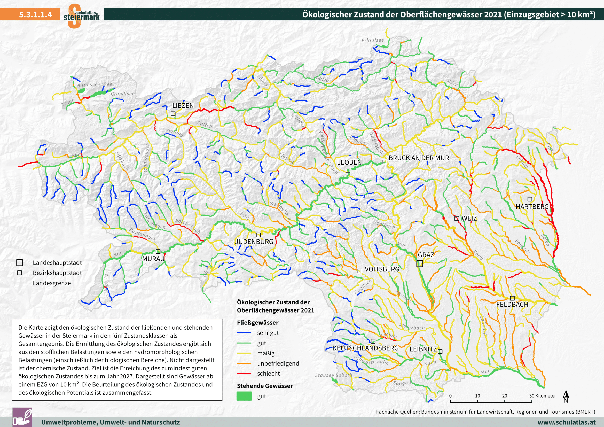 Ökologischer Zustand der Oberflächengewässer in der Steiermark 2021 (EZG > 10 km²)