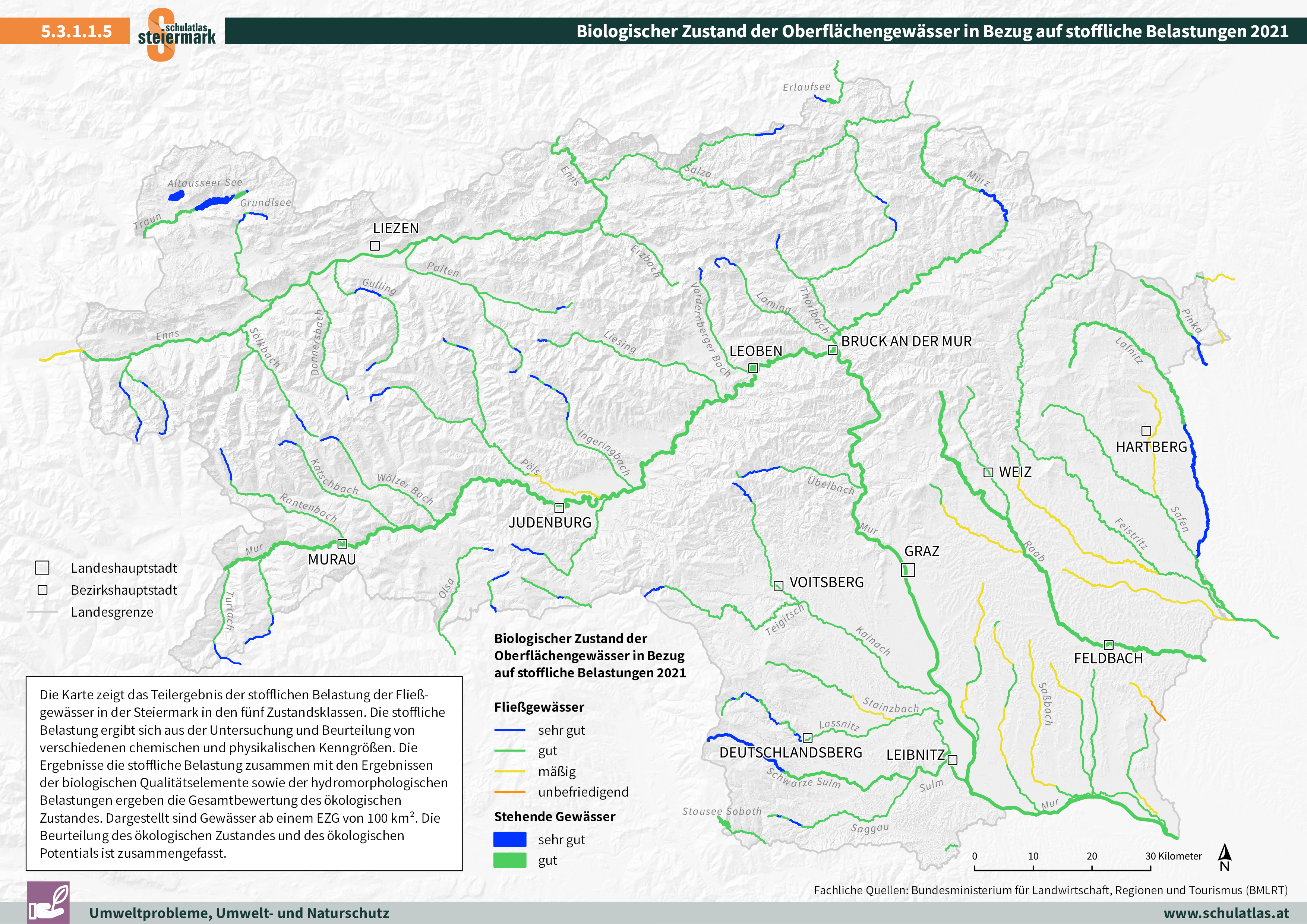 Biologischer Zustand der Oberflächengewässer in Bezug auf stoffliche Belastungen 2021
