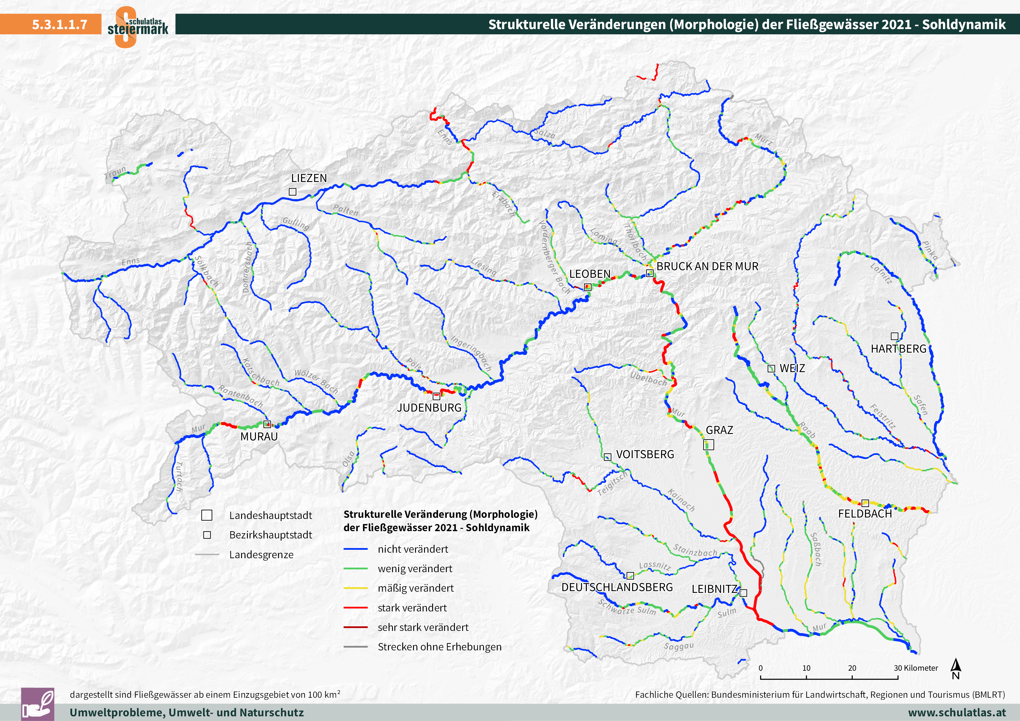 Strukturelle Veränderungen (Morphologie) der Fließgewässer 2021 - Sohldynamik