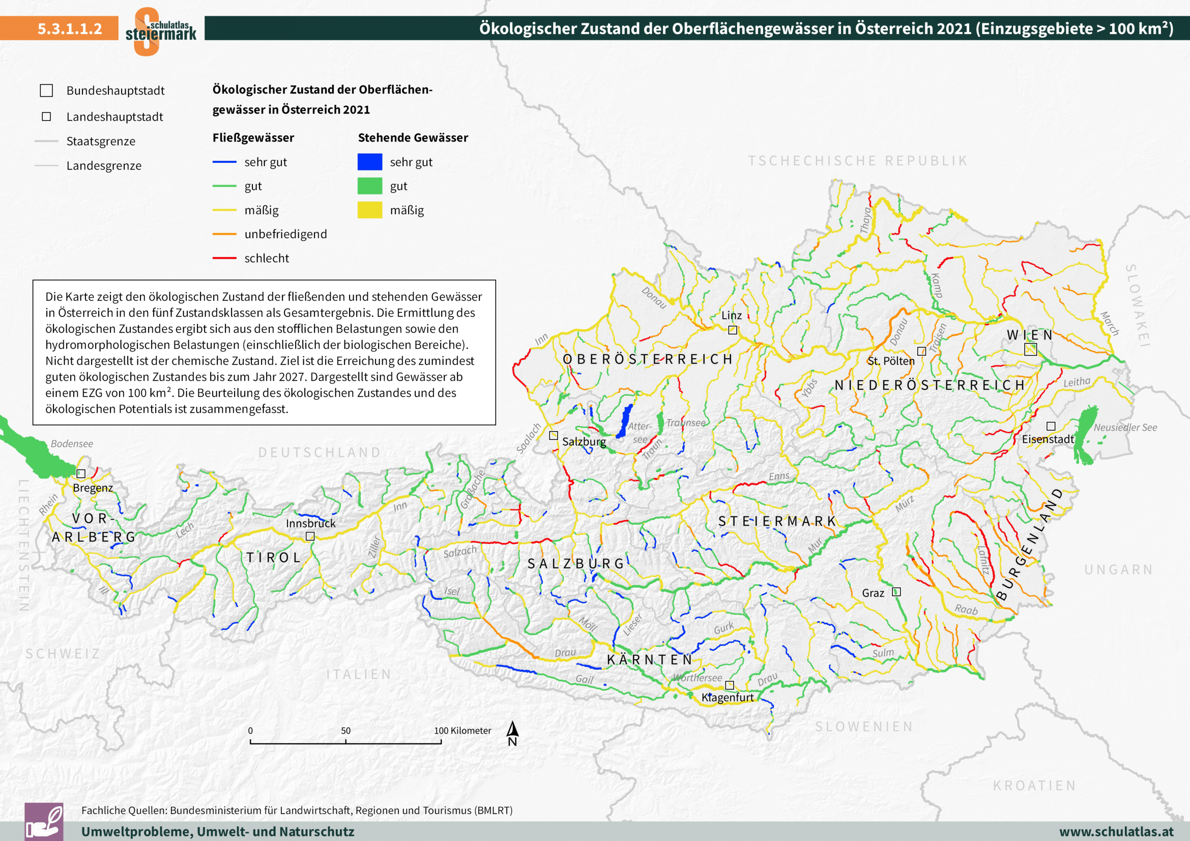 Ökologischer Zustand der Oberflächengewässer in Österreich 2021 (EZG > 100 km²)