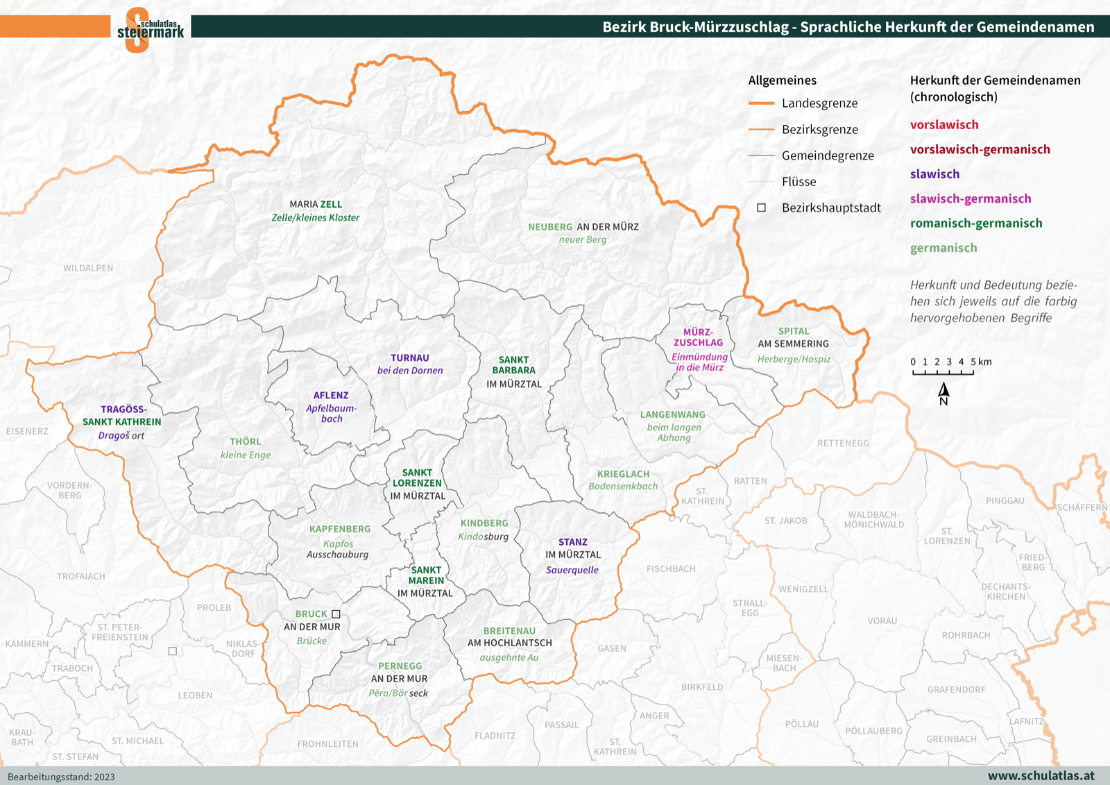 Bruck-Mürzzuschlag - Sprachliche Herkunft der Gemeindenamen