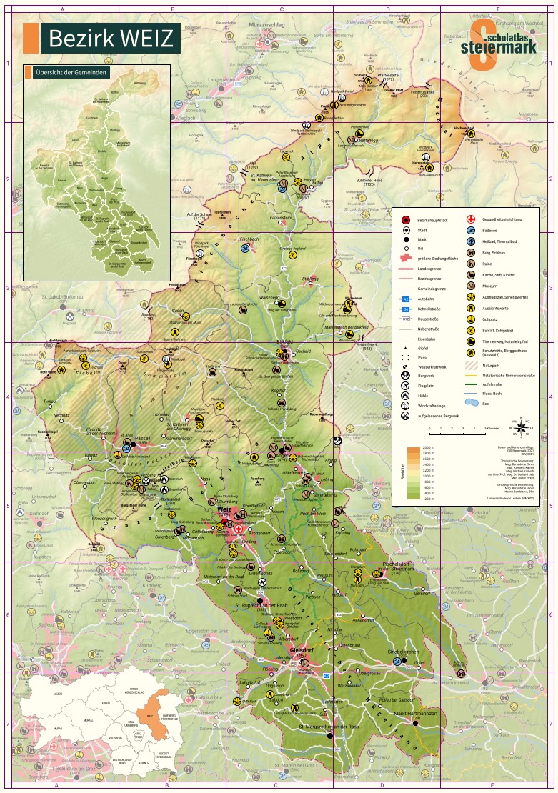 A2 - Bezirk WEIZ und Physische Karte der STEIERMARK